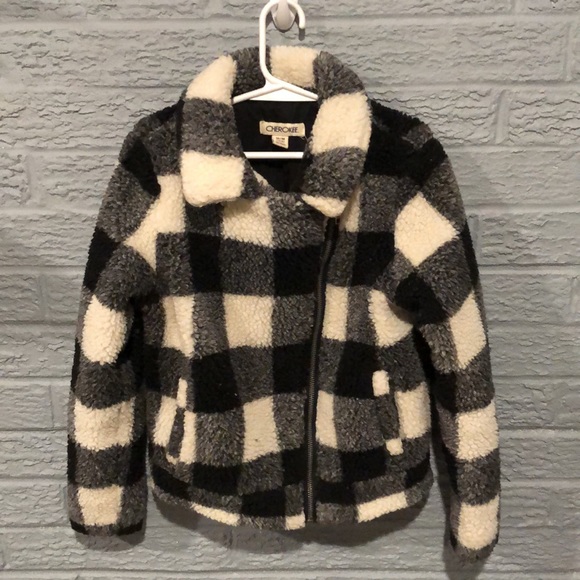 Black and White Checkered Sherpa Coat - Picture 2 of 6